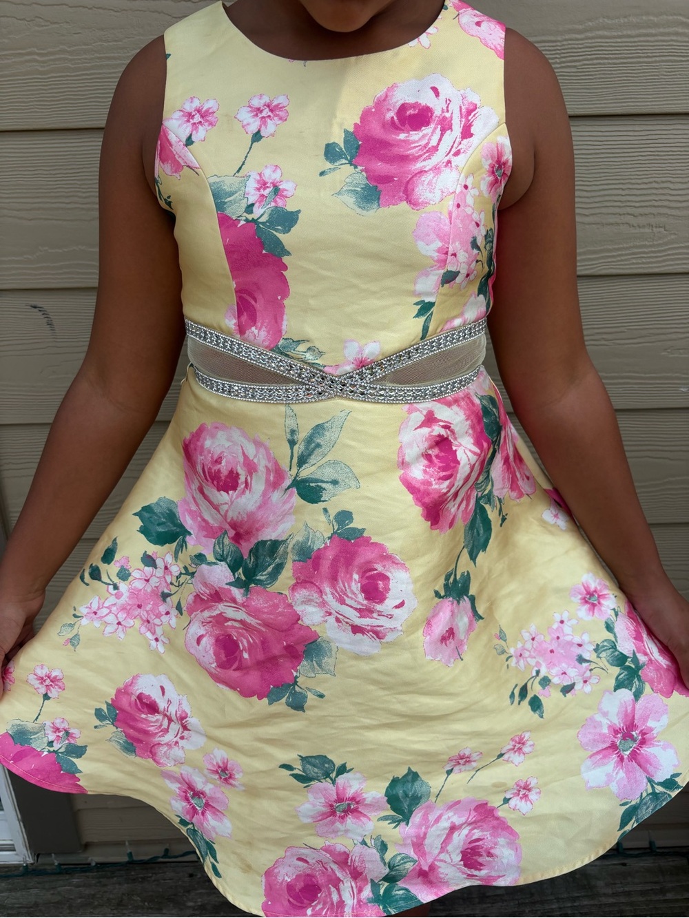 Yellow Floral Fit-and-Flare Dress with Pink Rose Print size 14 KIDS